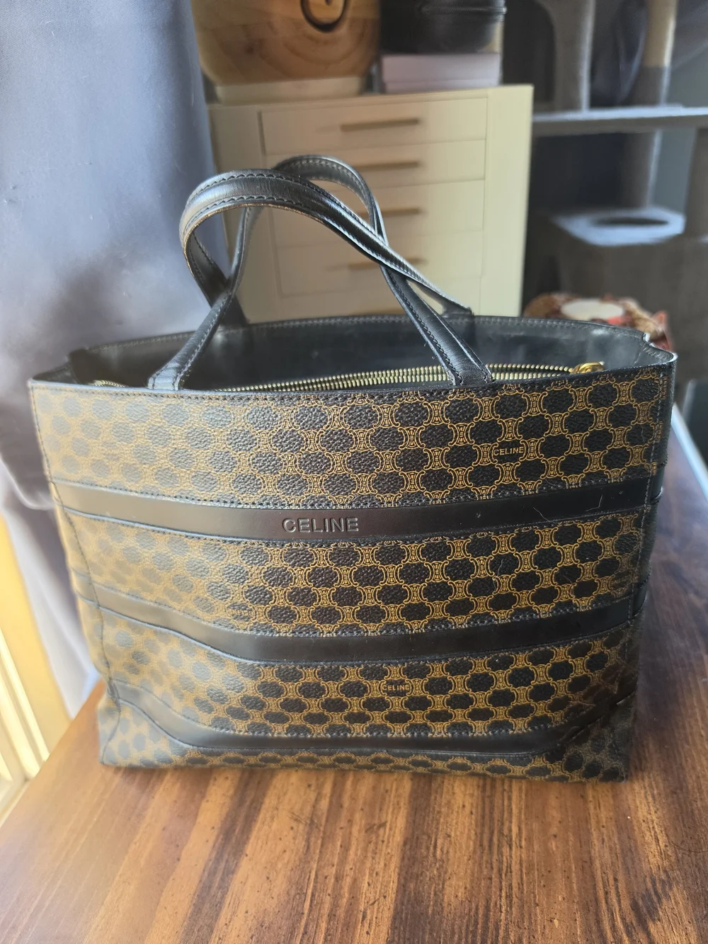 Celine Black and Brown Macadam Canvas Tote